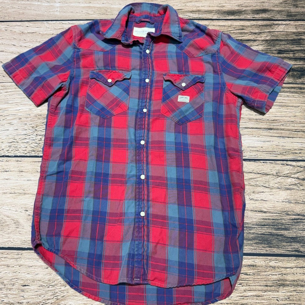 Denim & Supply Ralph Lauren Western Shirt Mens S Red Blue Plaid Pearl Snap Front